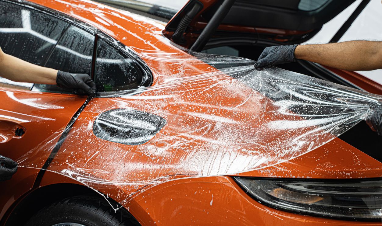 PPF installation on a luxury carr. Worker hands installation on luxury car  TPU Premium PPF film. PPF Cutting Software - Paint Protection Film,