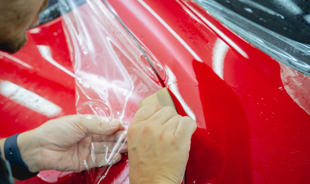 The process of installing protective film on the new red car.