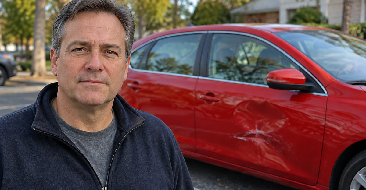 Man in front of car with a dent in the side