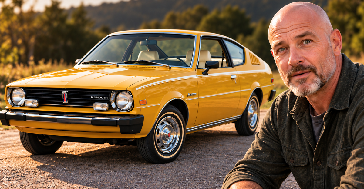 AI-generated image of man beside 1976 Plymouth Arrow.