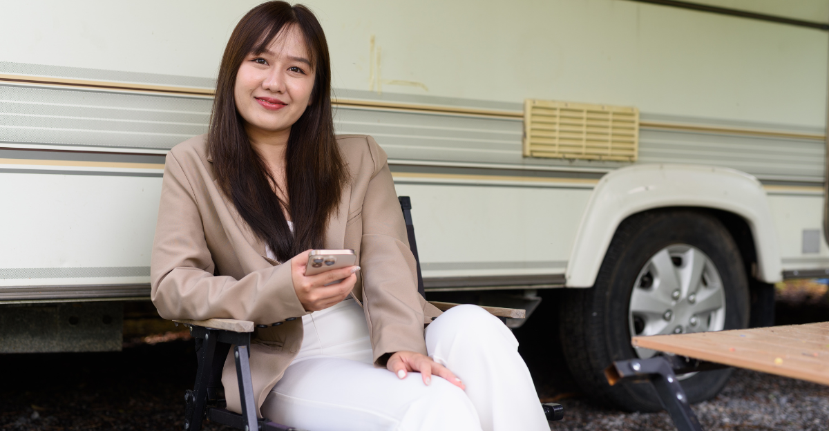 Young Asian woman camping in rv car while traveling