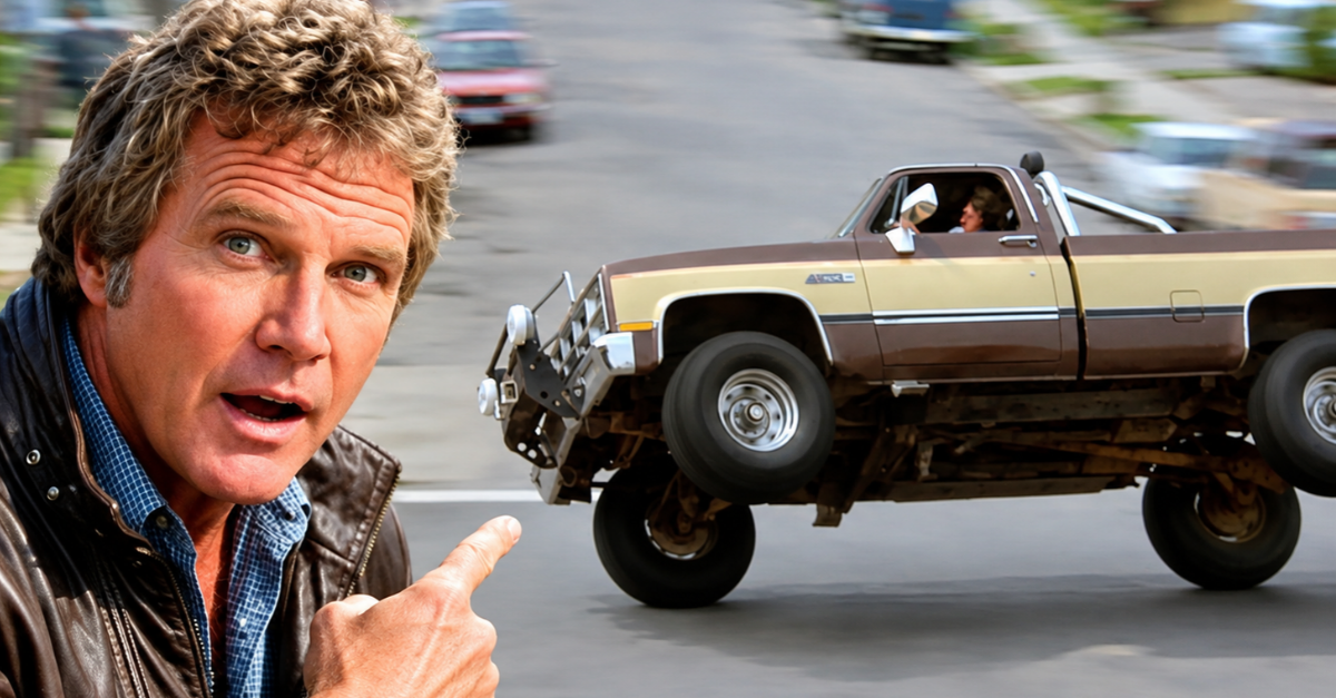 Man reacting to pickup truck on 2 wheels.