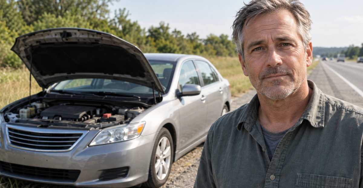 car on side of the road, man in foreground looking at camera