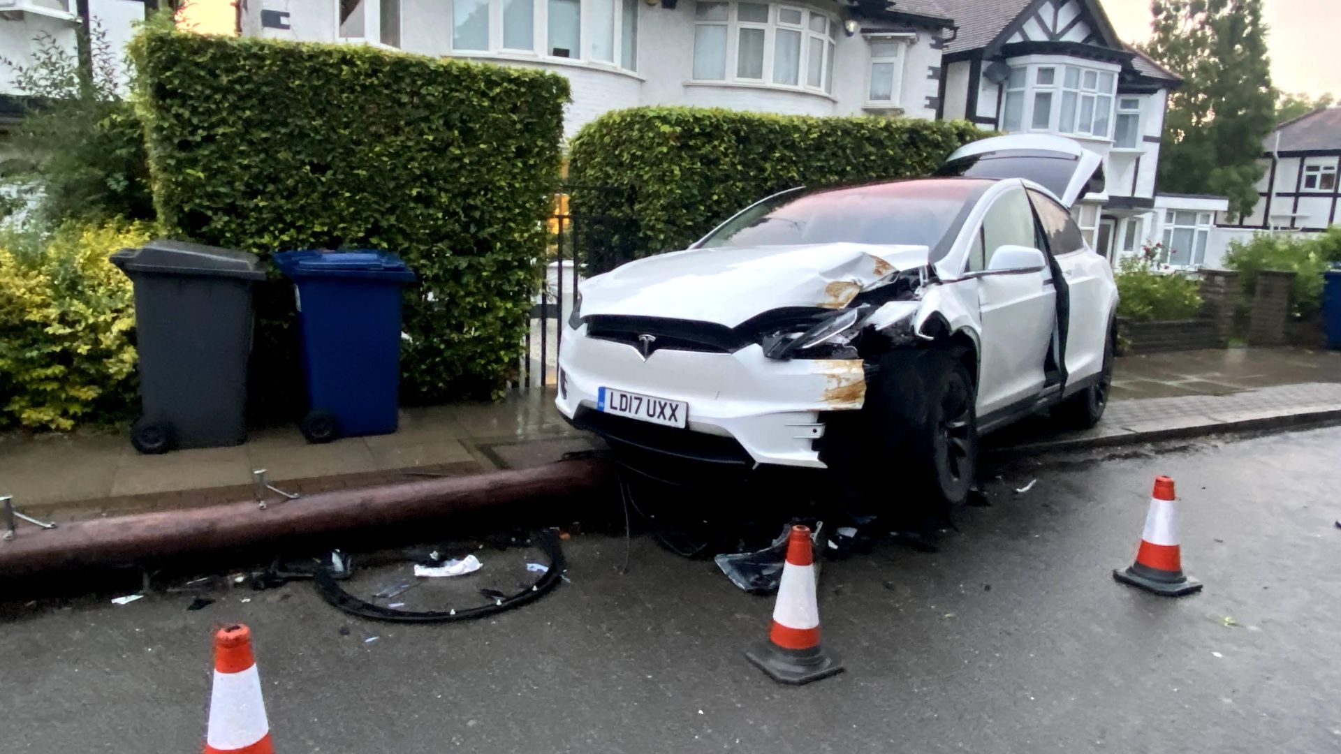 Crashed Tesla Model X, Nether Street, Finchley, July 2021