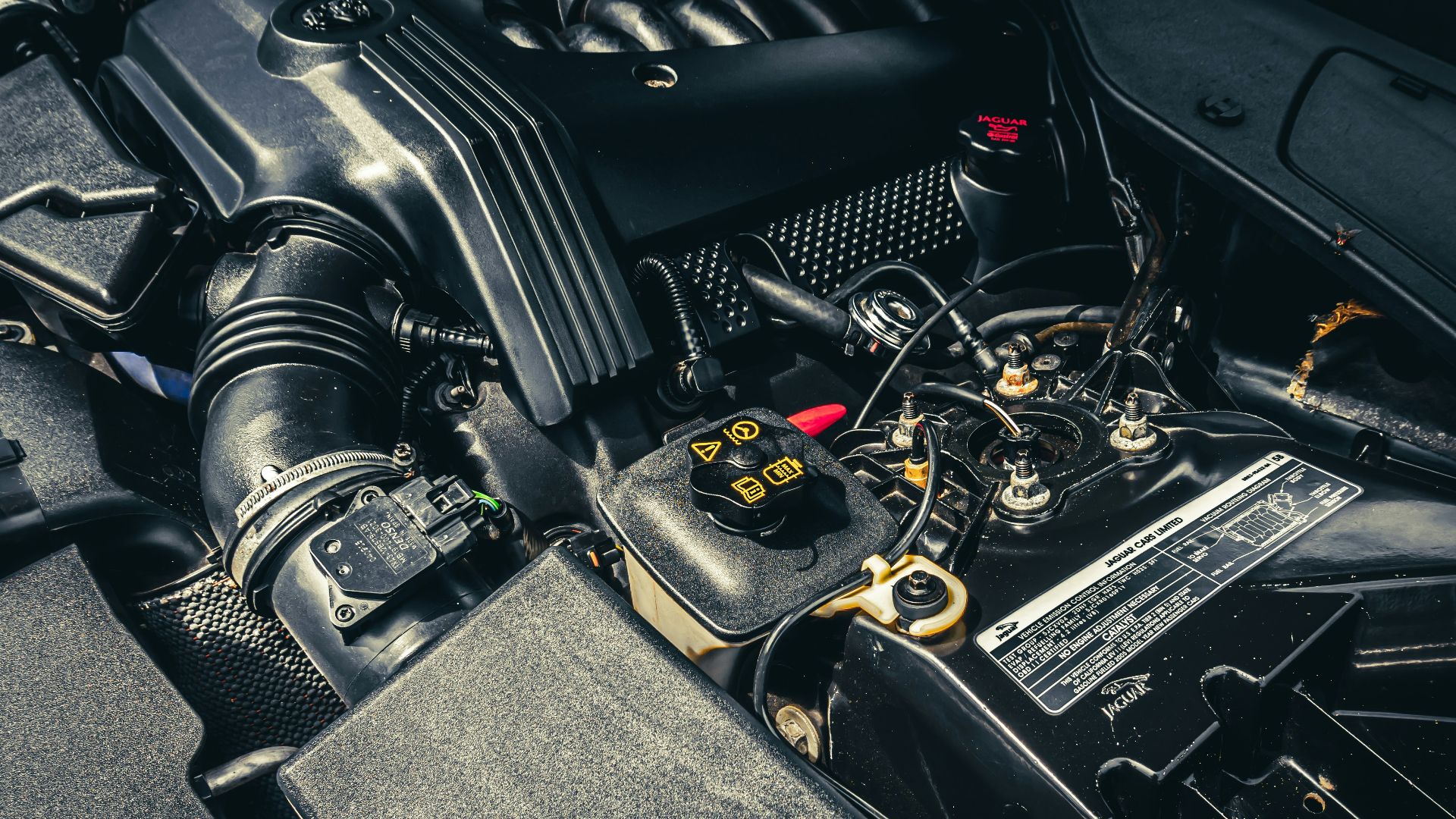 Car engine with various components and parts