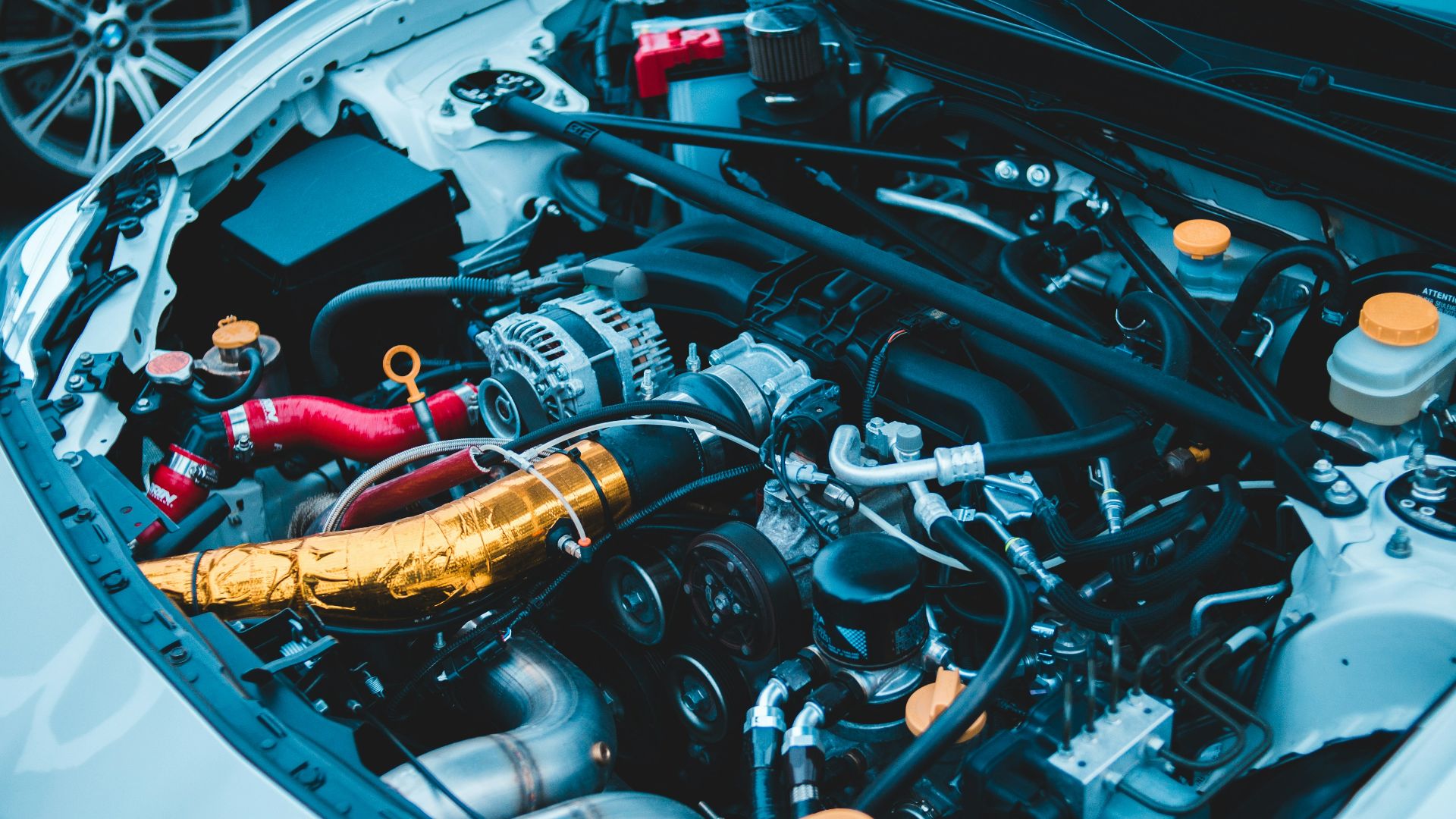 blue and white car engine bay