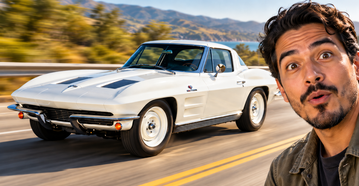 AI-generated image of man beside white 1963 Chevrolet Corvette Z06 Big Tank