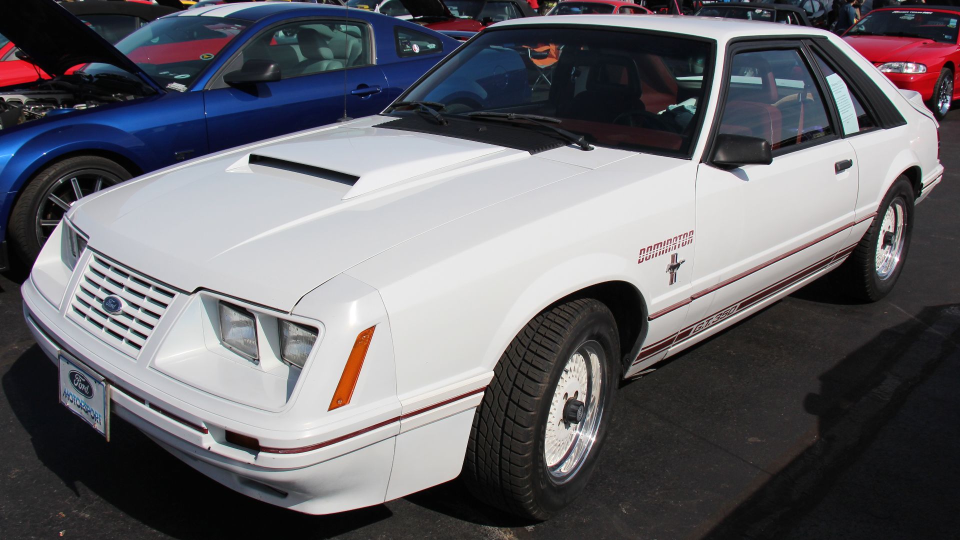 Oxford White.
The 3rd generation Fox body Mustang was made from 1979-1993,
A minor update was in 1983, both the front nose piece and rear taillights were restyled., the eggcrate grille was replaced. It was available again in coupe or hatchback, but now