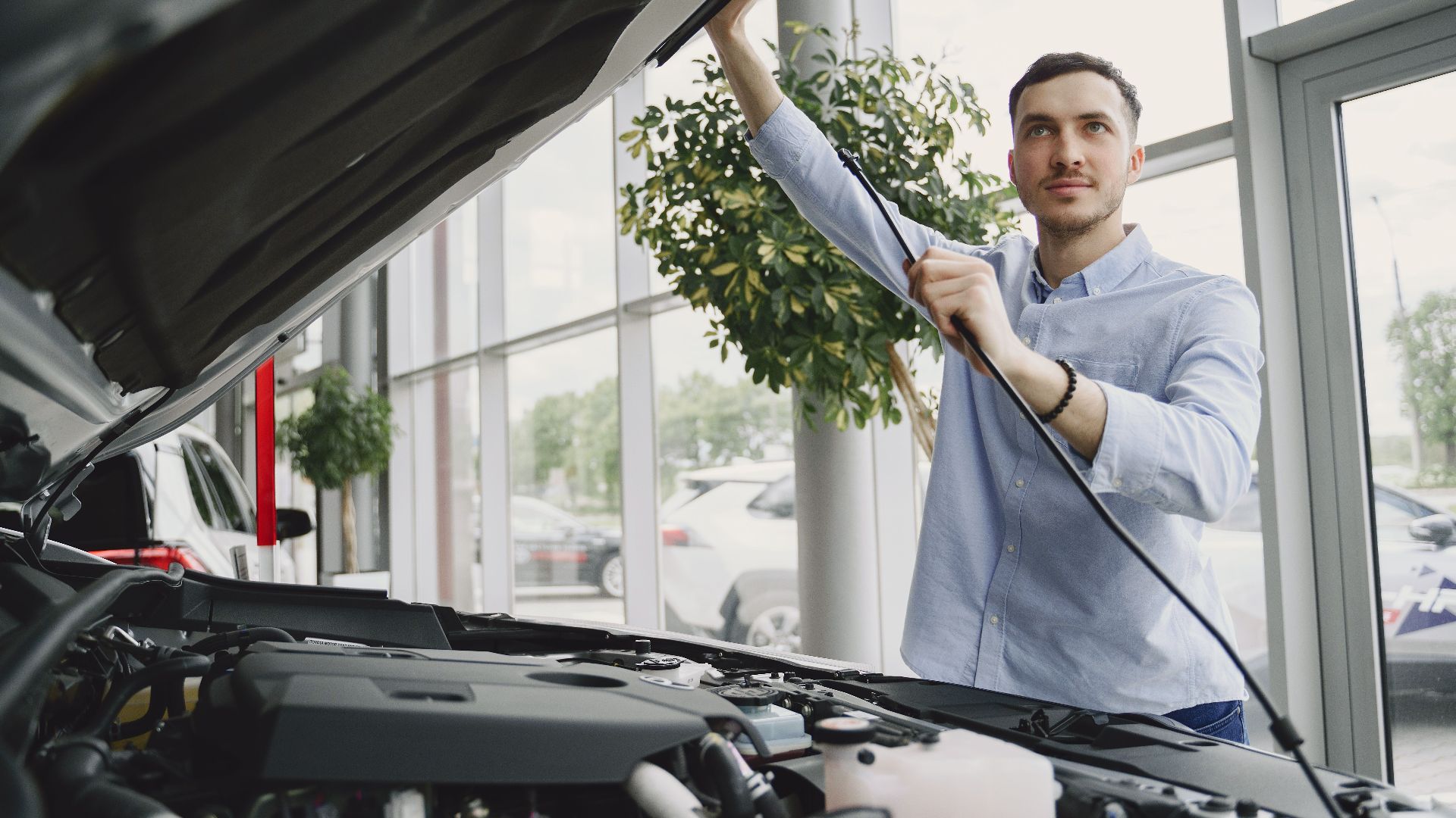 A man carefully checking a car engine in a bright, modern car showroom.