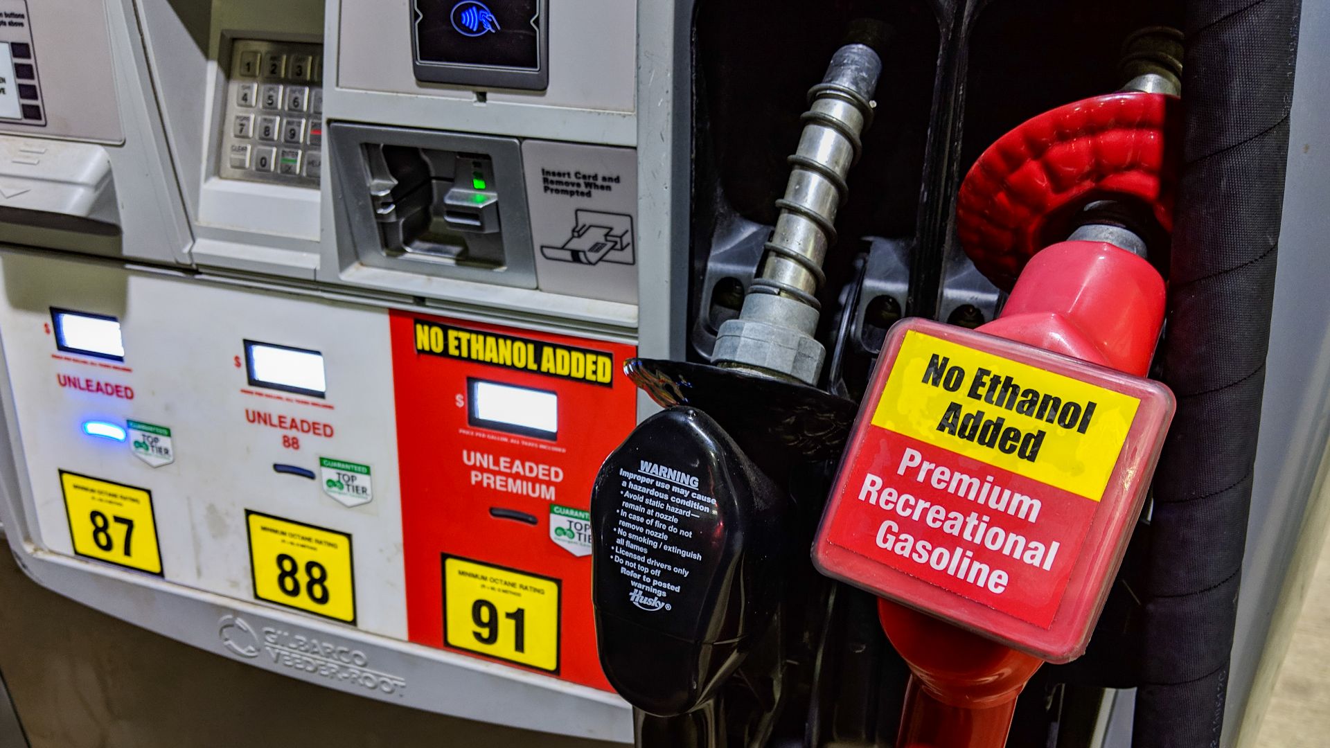 91 octane premium unleaded gasoline, no ethanol added (ethanol free fuel) gas pump, at a Kwik Trip fueling station in Hinckley, Minnesota.