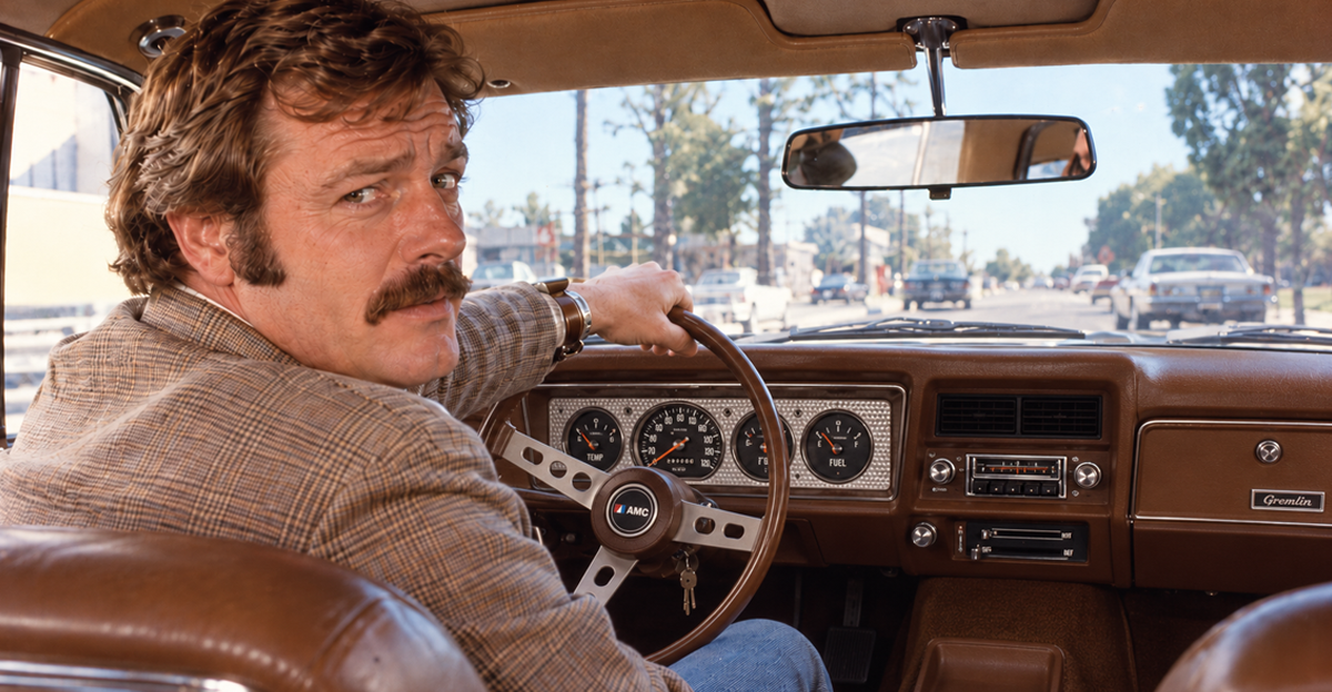 AI-generated image of a man driving a 1977 AMC Gremlin
