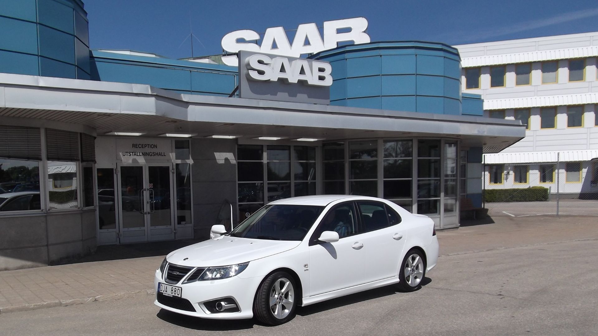 DJA880, the last Saab 9-3 Griffin to be manufactured, at the main entrance to the Saab factory at Trollhattan, Sweden, on 26th May 2012.  The car is now in the Saab Museum.  Photo taken by Andrew Clark.