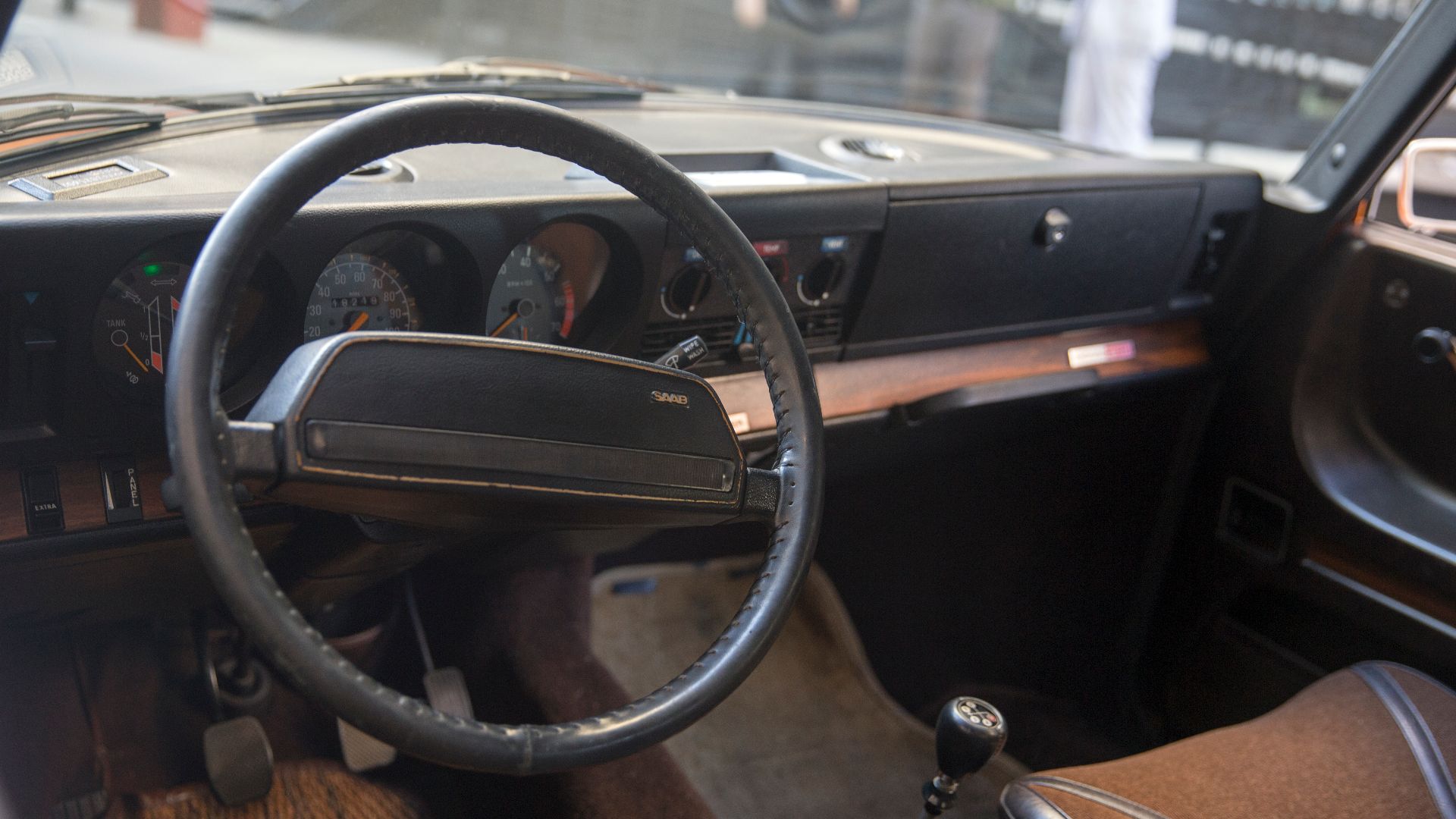 The interior of a 1974 Saab 99 EMS (US-spec) at a car meet in Brooklyn's Industry City.