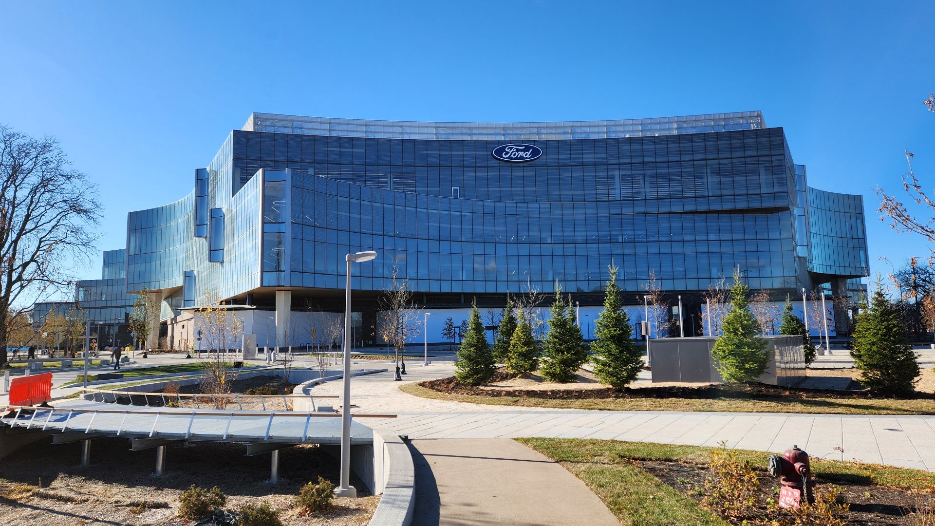 Exterior of the new Ford World Headquarters in Dearborn, Michigan, United States, seen the day after its grand opening.