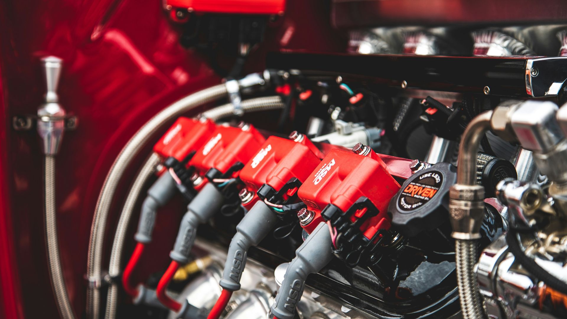 red and black car engine
