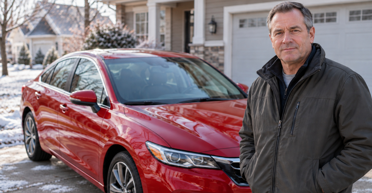 Man in front of red car in driveway