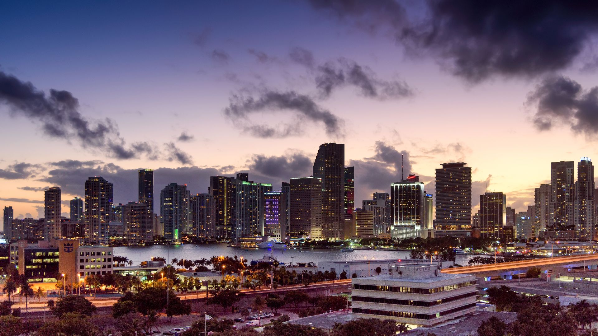 Miami, Florida skyline facing southwest, pictured from Cruise Terminal F - Port of Miami on Dodge Island.