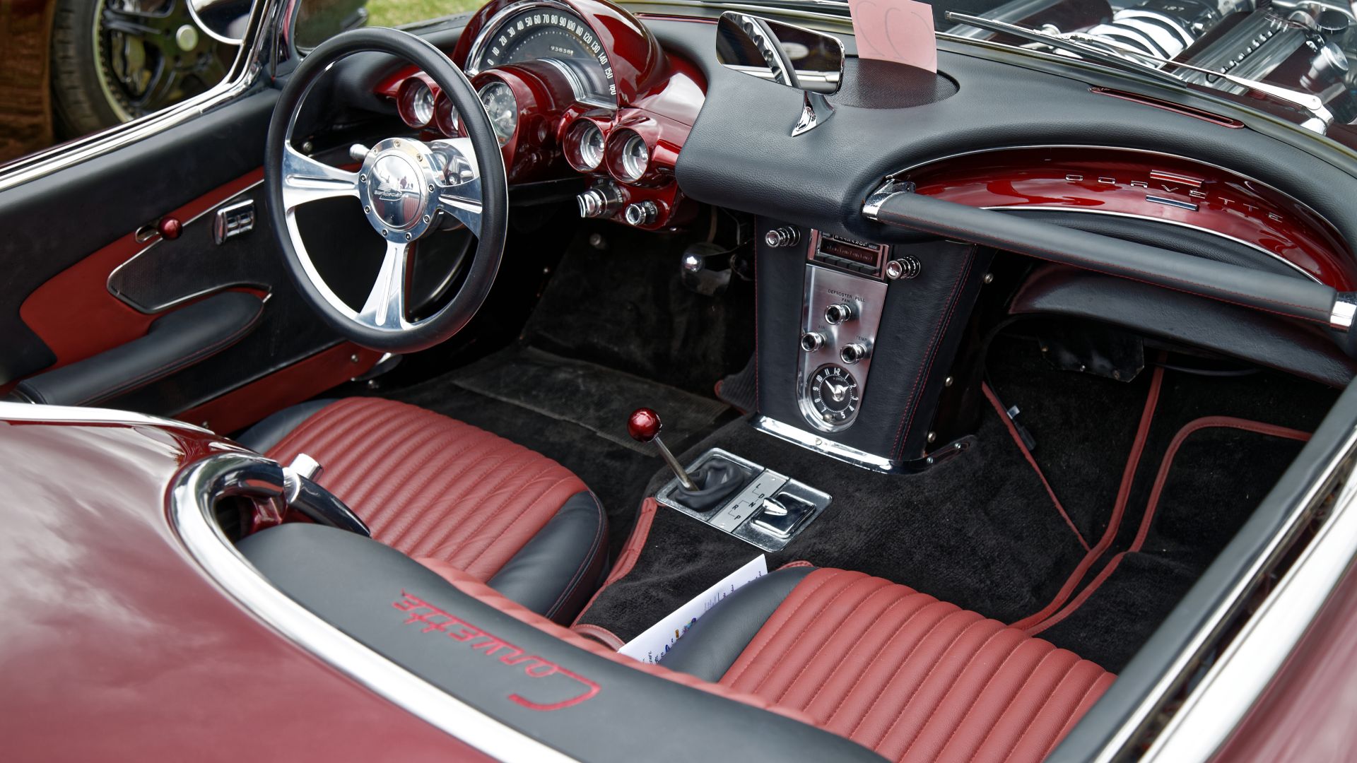 The cockpit of a 1958 Chevrolet Corvette (C1) 5700cc convertible at Hatfield Heath Festival 2017, on Hatfield Heath village green, Essex, England.Camera: Canon EOS 6D with Canon EF 24-105mm F4L IS USM lens.Software: RAW file lens-corrected, optimized and 