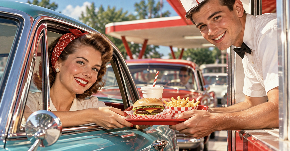 Retro drive-thru customer and server
