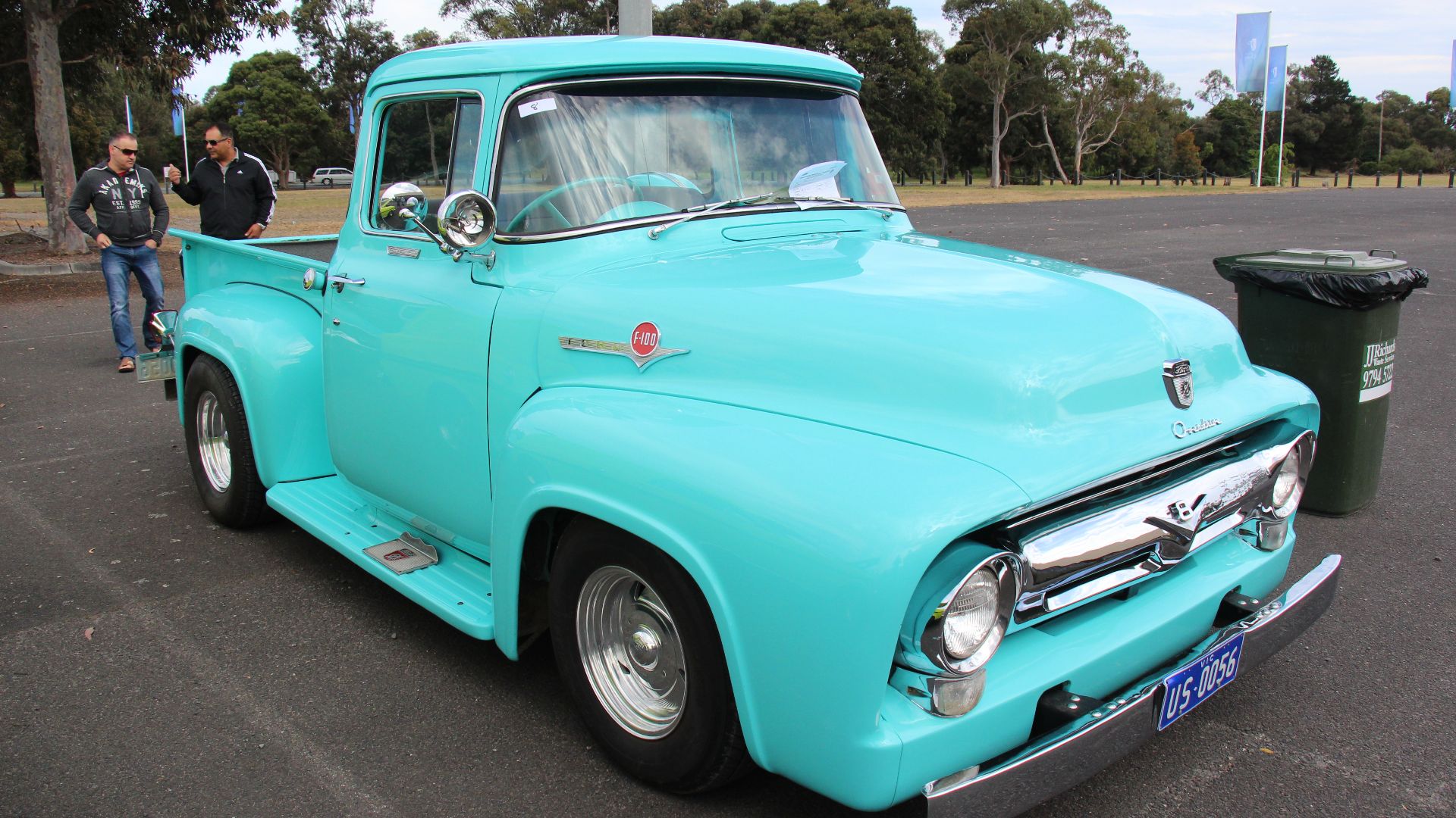 In 1953 The F-1 Pickup became the F100. The 1956 F-100 is a one-year only body style. It is easily identified as it has vertical windshield pillars and a wrap around windshield as opposed to the sloped pillars and angled windshield of the 1953-55. Availab