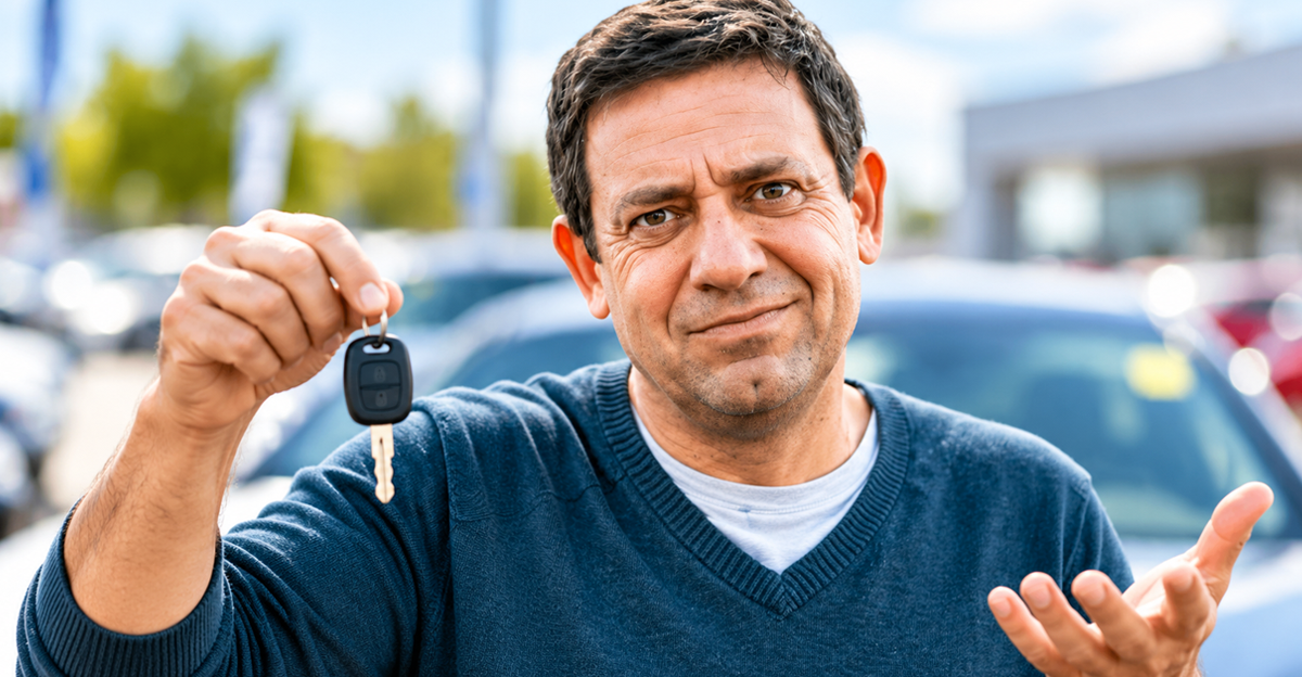 AI-generated image of frustrated man holding car key