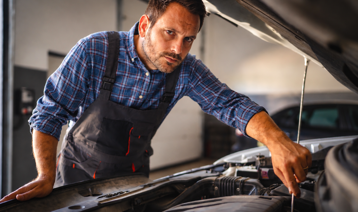 Adult man car mechanic work in a garage, use tools to repair a vehicle while the car hood is open