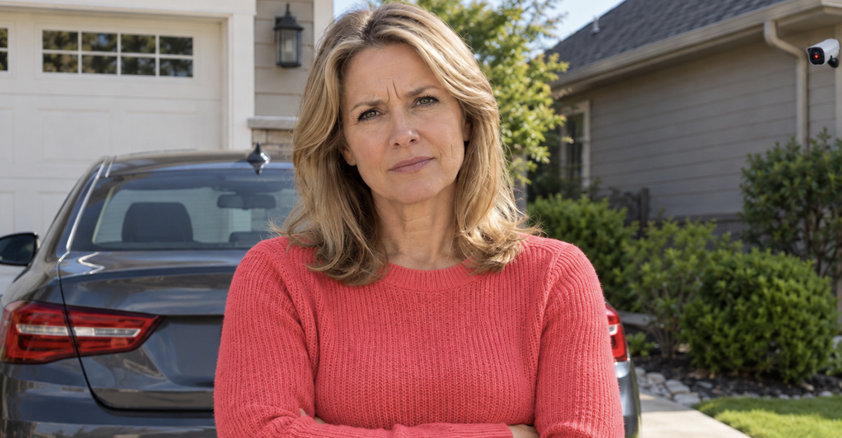 AI-generated image of a woman worried about her neighbor's security system recording her driveway.