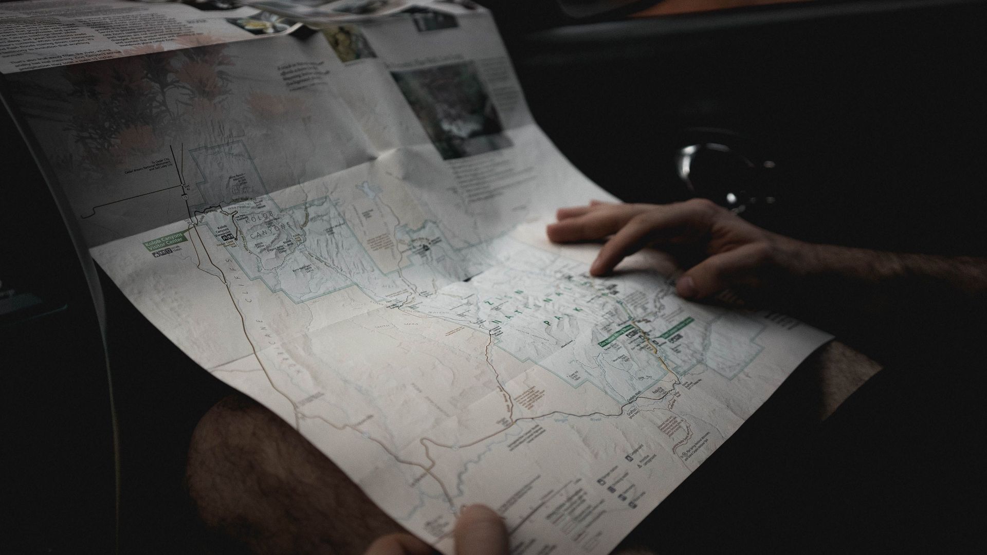 Crop faceless male tourist holding paper map and searching route while sitting in car during trip