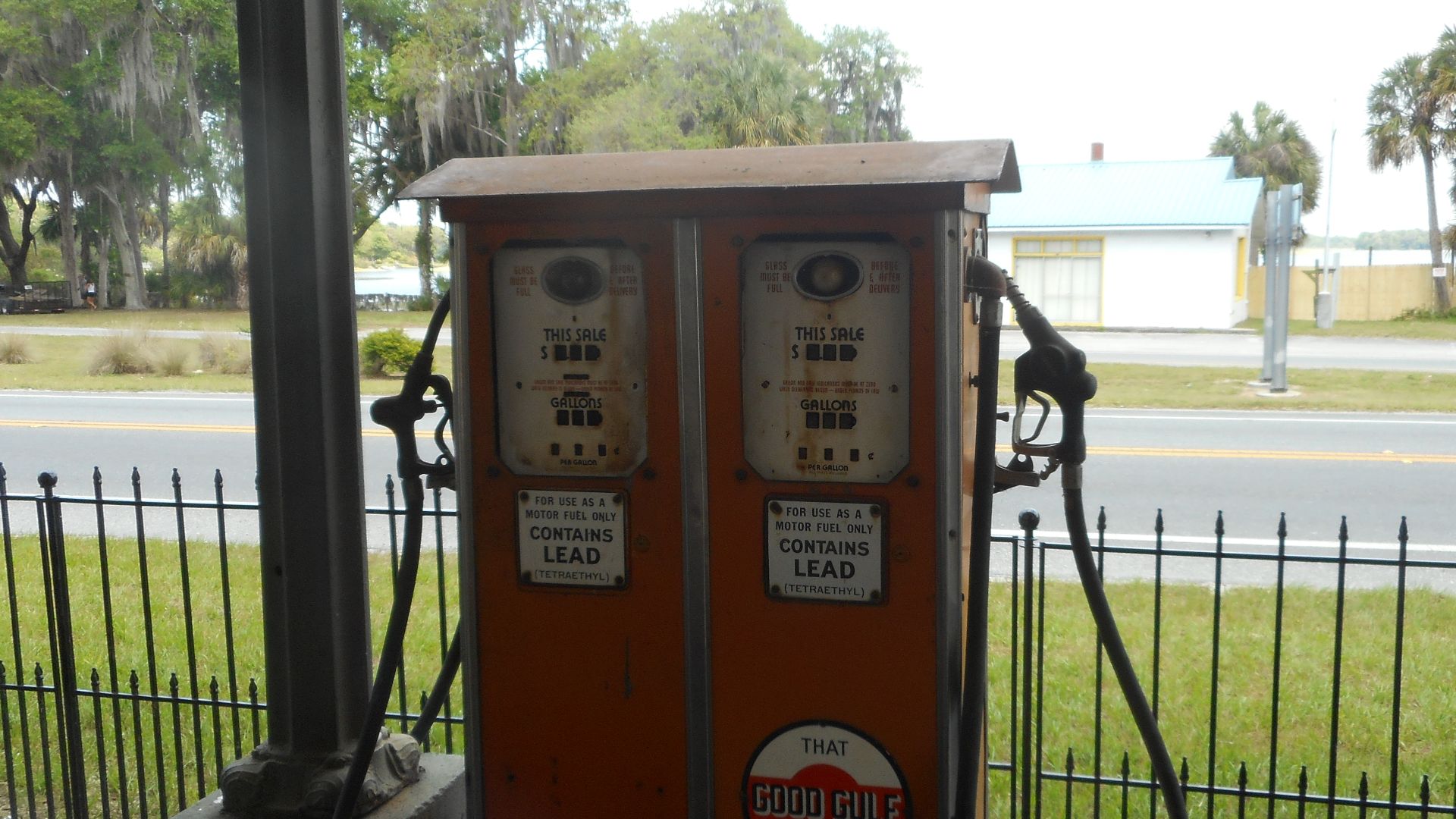 The former Gulf Gas Pumps along the gas pump bay of the Burger Station on the northwest corner of US 41 and East Line Drive in Hernando, Florida. Where cars once pulled up to fill up, is now where the outdoor tables can be found. And you can eat indoors t