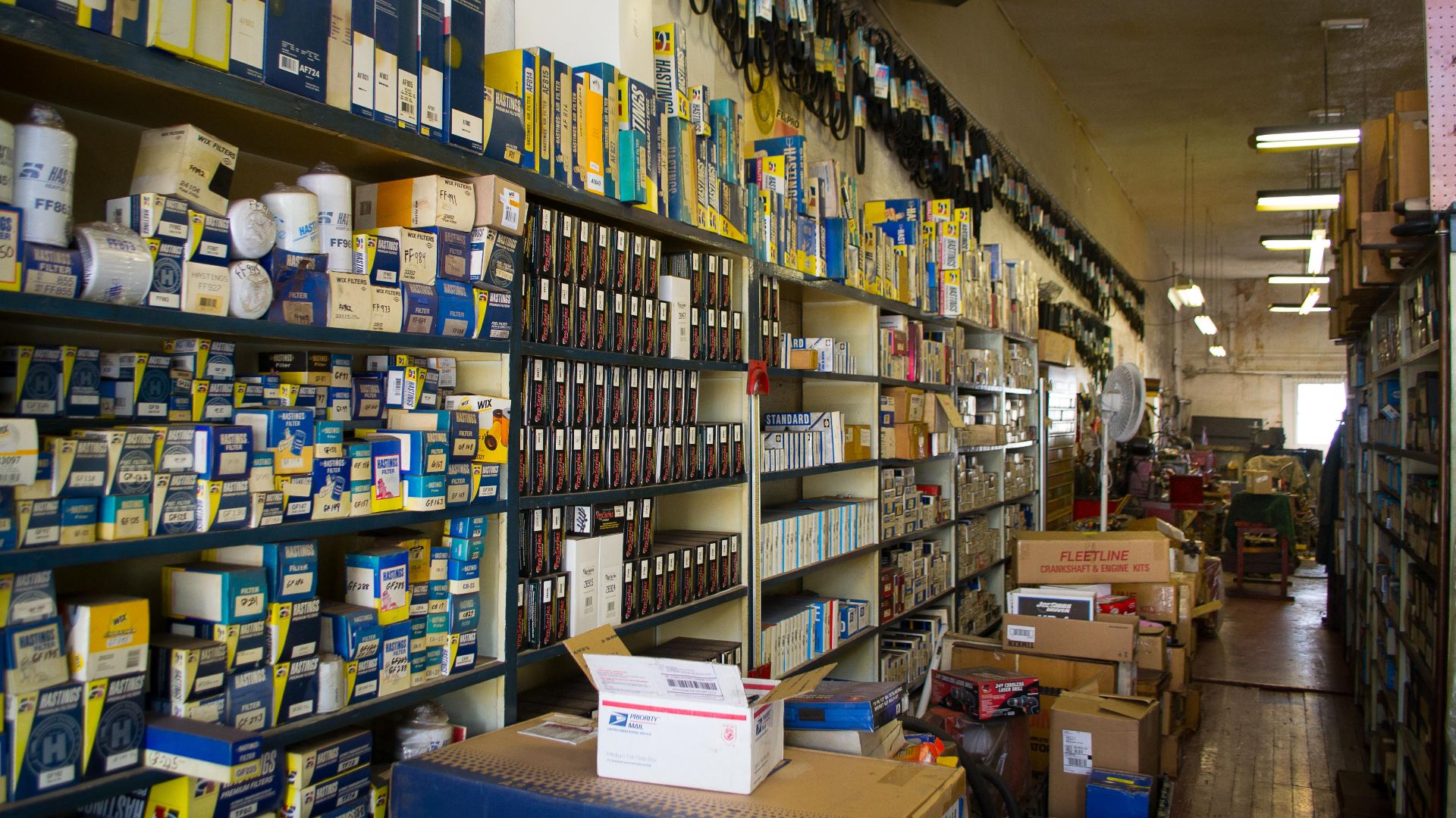 The crowded shelves an auto parts store
