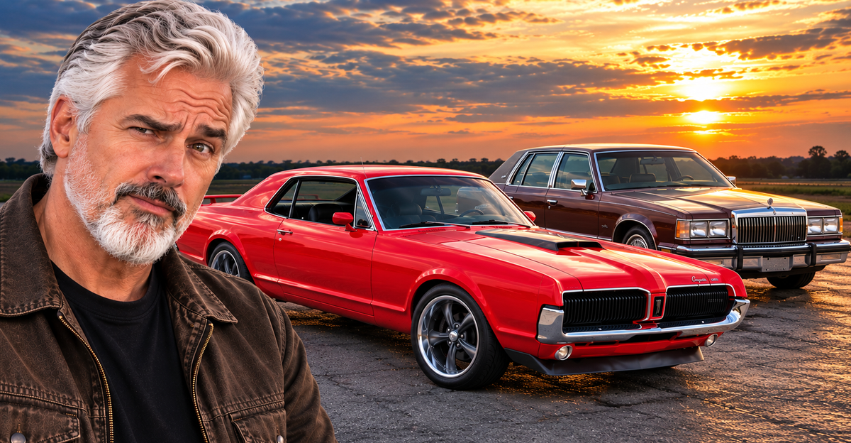 AI-generated image of a man and a Mercury Cougar and Grand Marquis 