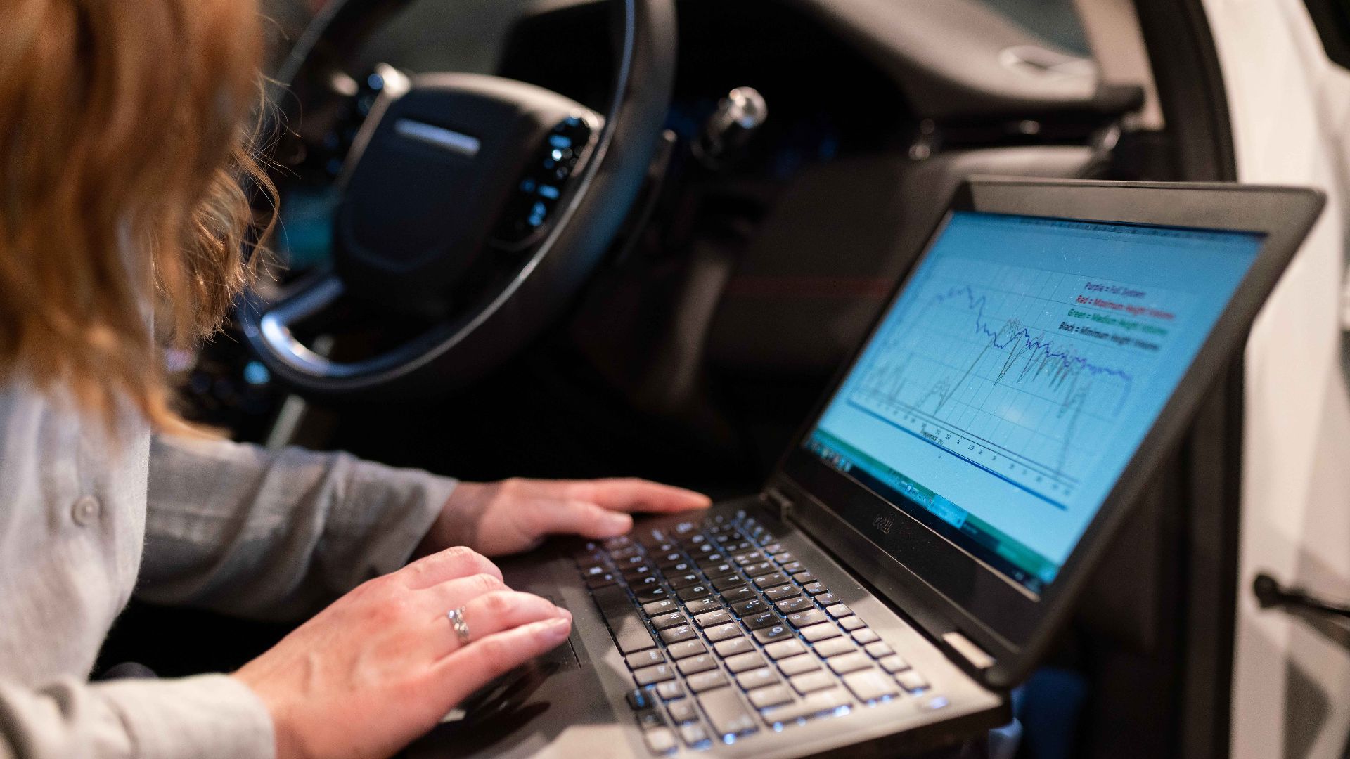 Female engineer using laptop to analyze vehicle data inside a car for testing purposes.
