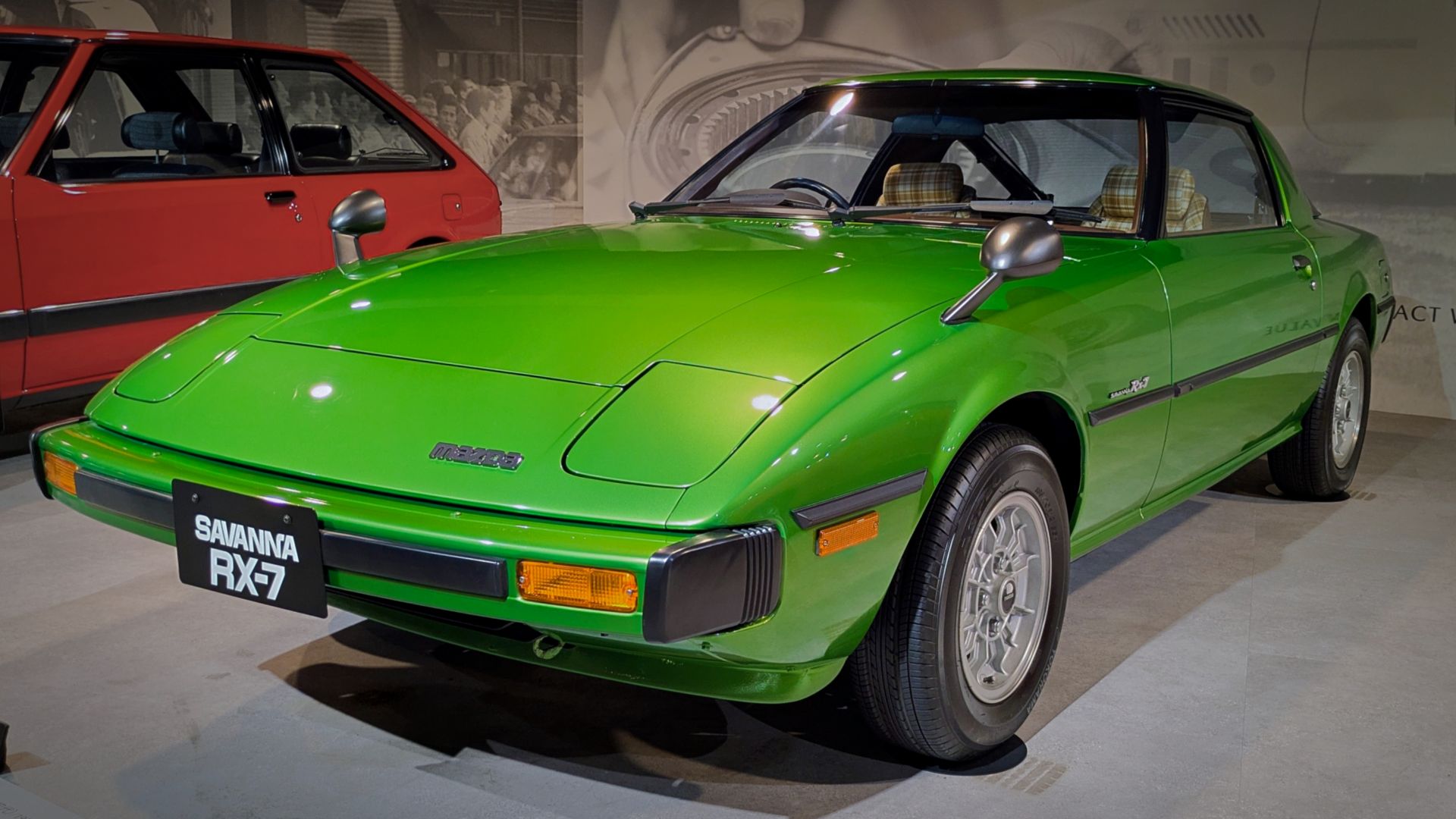 A first-generation Mazda Savanna RX-7 (SA22C), exhibited at the Mazda Museum in Hiroshima, Japan.