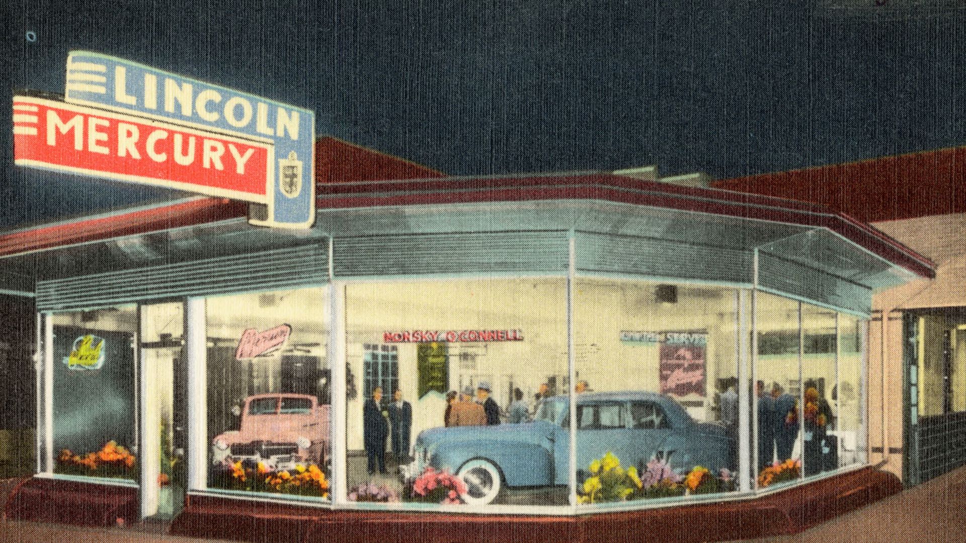 Title: Home of Monsky - O'Connell Motors, authorized Lincoln - Mercury dealers
Subjects: Commercial facilities
Places: Nebraska > Douglas (county) > Omaha
Notes: Title from item.
Extent: 1 print (postcard) : linen texture, color ; 3 1/2 x 5 1/2 in.
Access