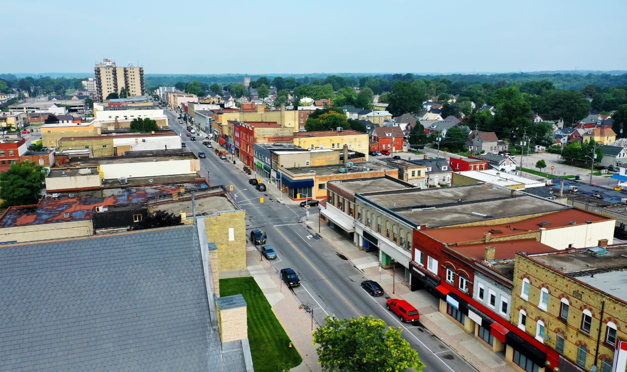 An aerial view of St Thomas, Ontario, Canada downtown