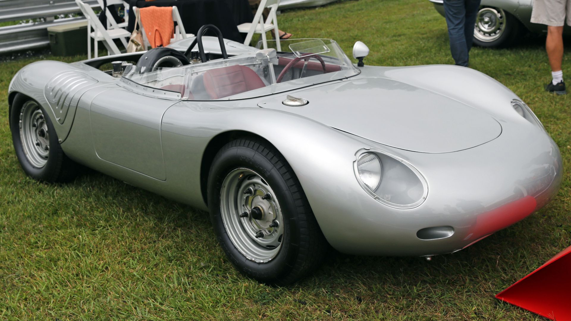 Ralph Lauren's 1959 Porsche 718 RSK Spyder (718-009), seen at the 2014 Lime Rock Concours d'Élegance with its engine cover off. This very car was used to practice for the 1959 Targa Florio, and came in second in the six-hour Goodwood TT, the last race of 