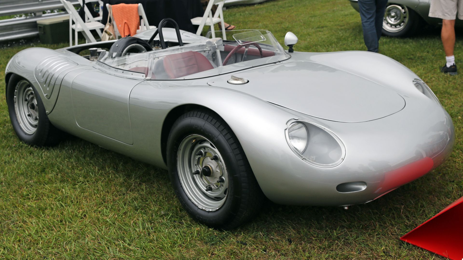 Ralph Lauren's 1959 Porsche 718 RSK Spyder (718-009), seen at the 2014 Lime Rock Concours d'Élegance with its engine cover off. This very car was used to practice for the 1959 Targa Florio, and came in second in the six-hour Goodwood TT, the last race of 