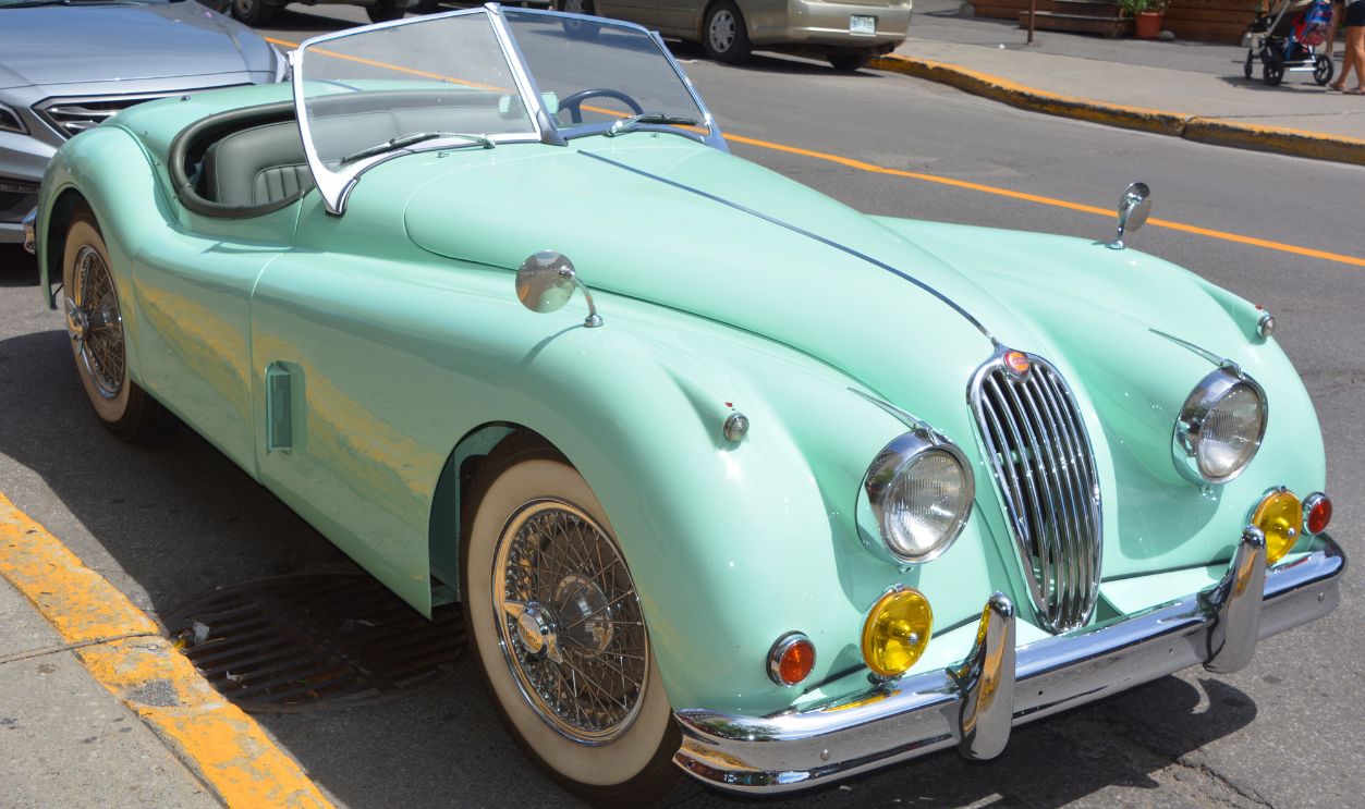 MONTREAL CANADA JULY 30 2016. The Jaguar XK120 is a sports car which was manufactured by Jaguar between 1948 and 1954. The first 242 cars wore wood-framed open 2-seater bodies with aluminium panels.