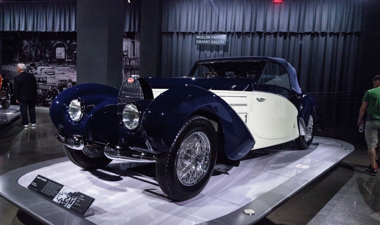 Los Angeles, CA, USA - March 4, 2017: White and dark blue 1939 Bugatti Type 57C Aravis at the Petersen Automotive Museum in Los Angeles, California, United States. Editorial only.
