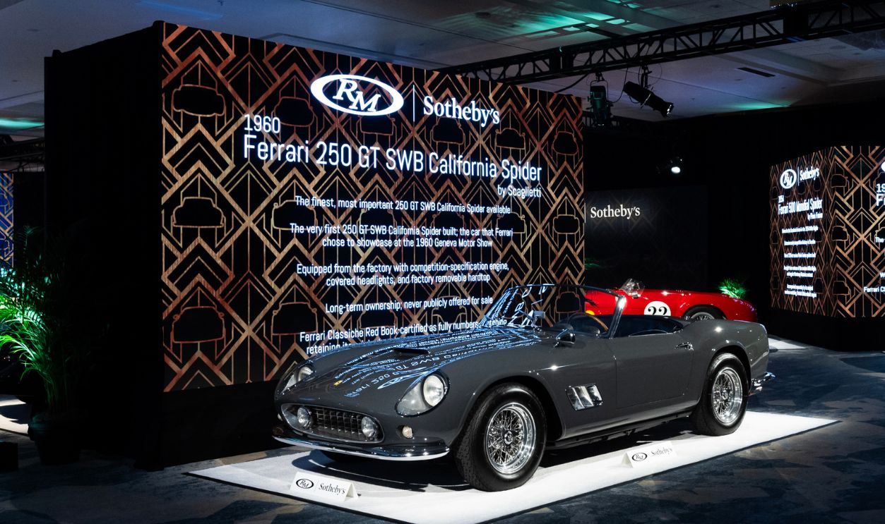 MONTEREY, CALIFORNIA - AUGUST 14: A 1960 Ferrari 250 GT SWB California Spider by Scaglietti is seen on display at the RM Sotheby’s auction on August 14, 2024 in Monterey, California.
