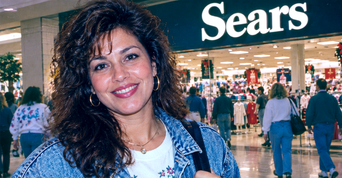 1990s mom with curly hair and jean jacket in front of a Sears in a mall