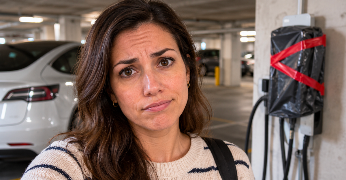 Woman frustrated with a covered, out-of-use EV charger in her apartment building’s parking garage