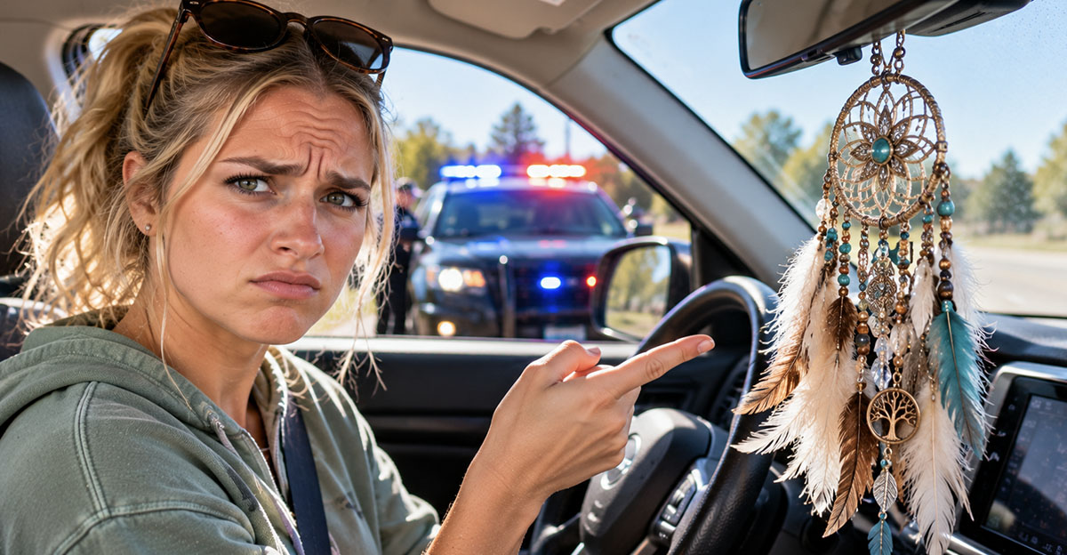 An annoyed woman pointing to a dream catcher in her car