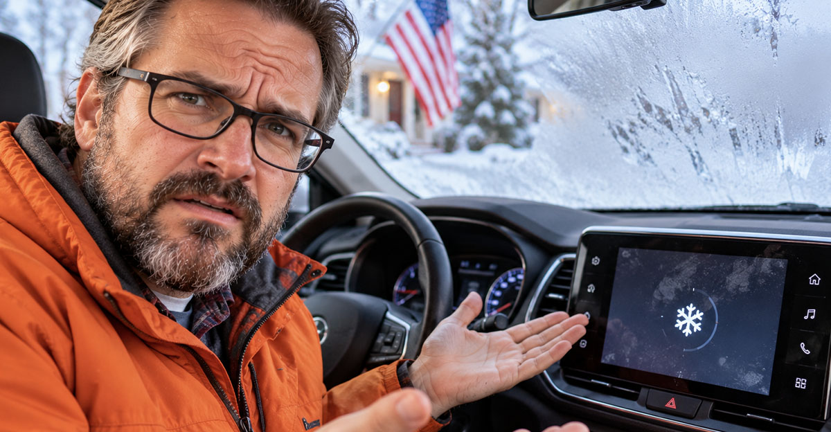 A man with a frosted windshield