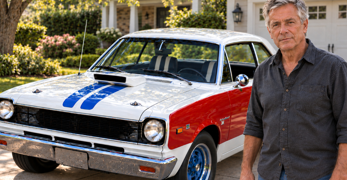 Man standing in front of a muscle car in driveway