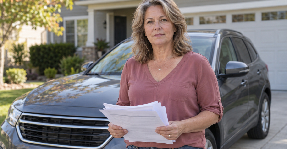 Woman holding papers standing in front of her car in driveway