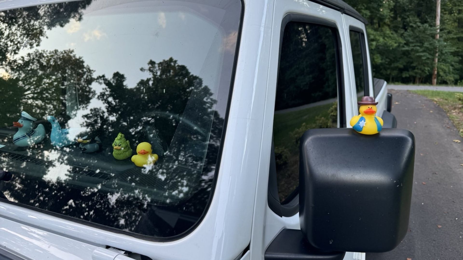A white Jeep with a duck on a side mirror, and more ducks visible through the windshield.