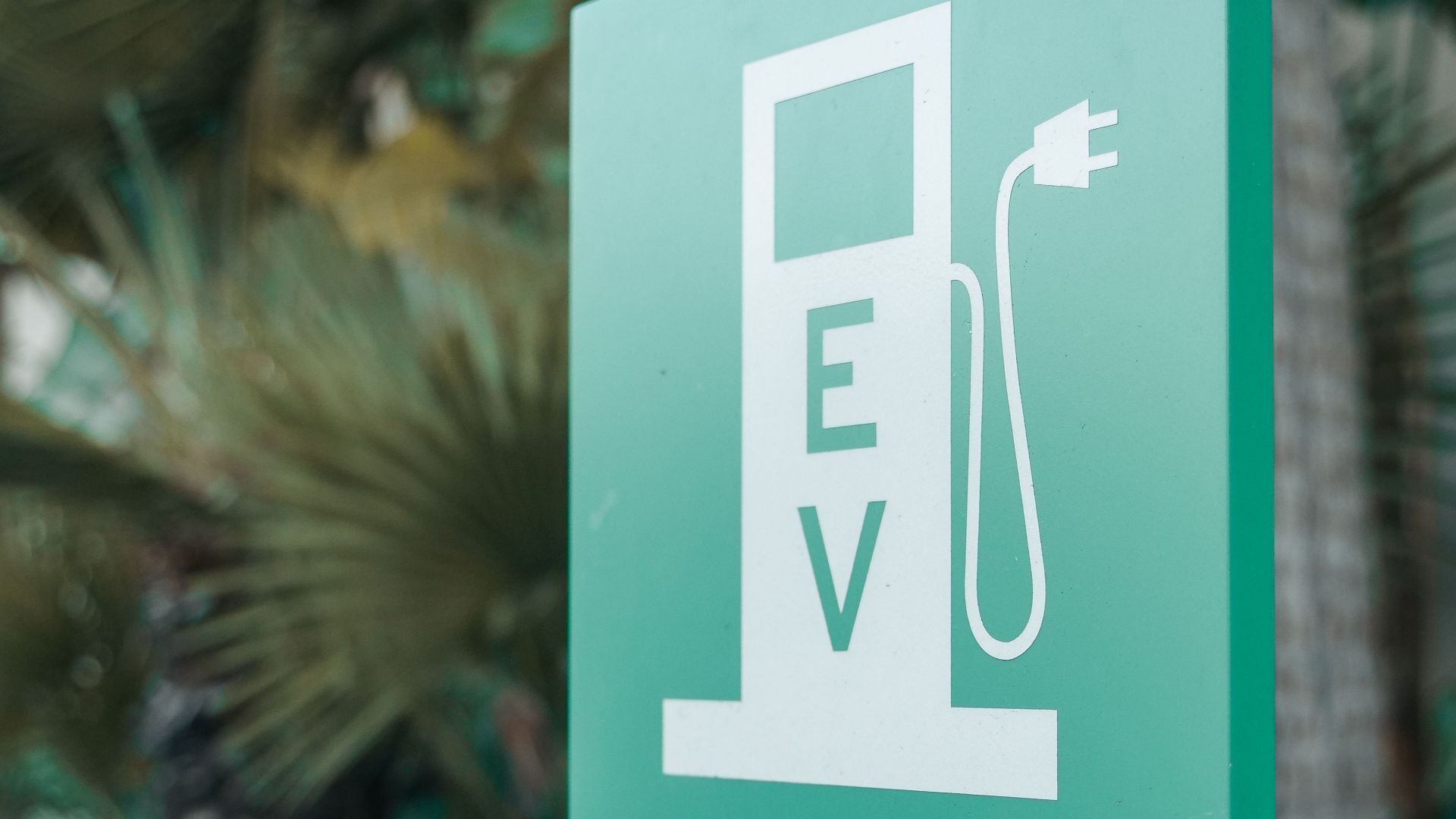 Close-up of a green and white electric vehicle charging station sign with nature background.