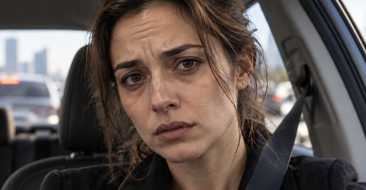 Tired and harried woman driving car.