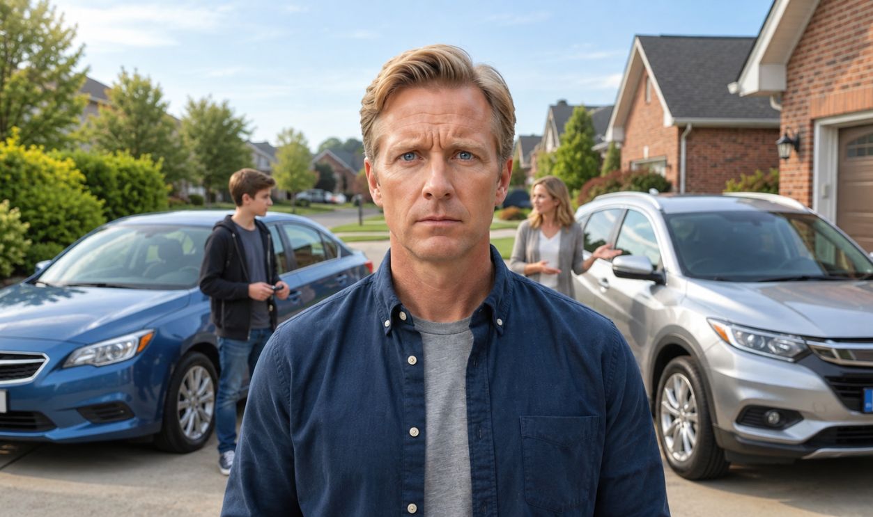 confused man standing in front of two cars and his family